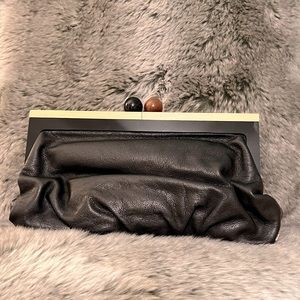 Kate Spade Wood Kiss Lock Black Leather Clutch